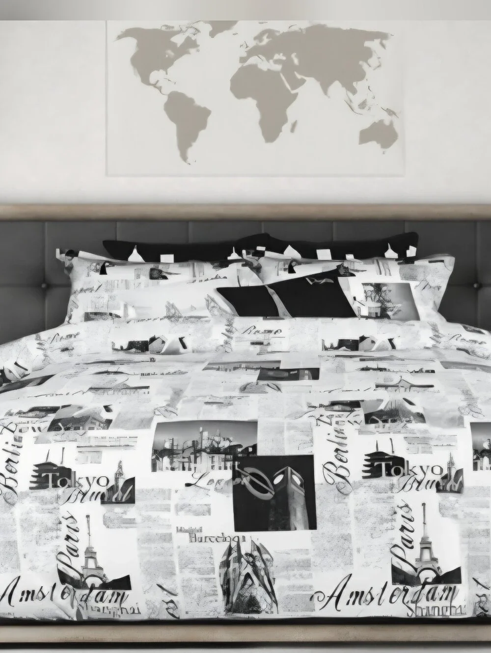Passport by Alamode Travel Print Black and White Queen Duvet/2 Shams Bedding Set
